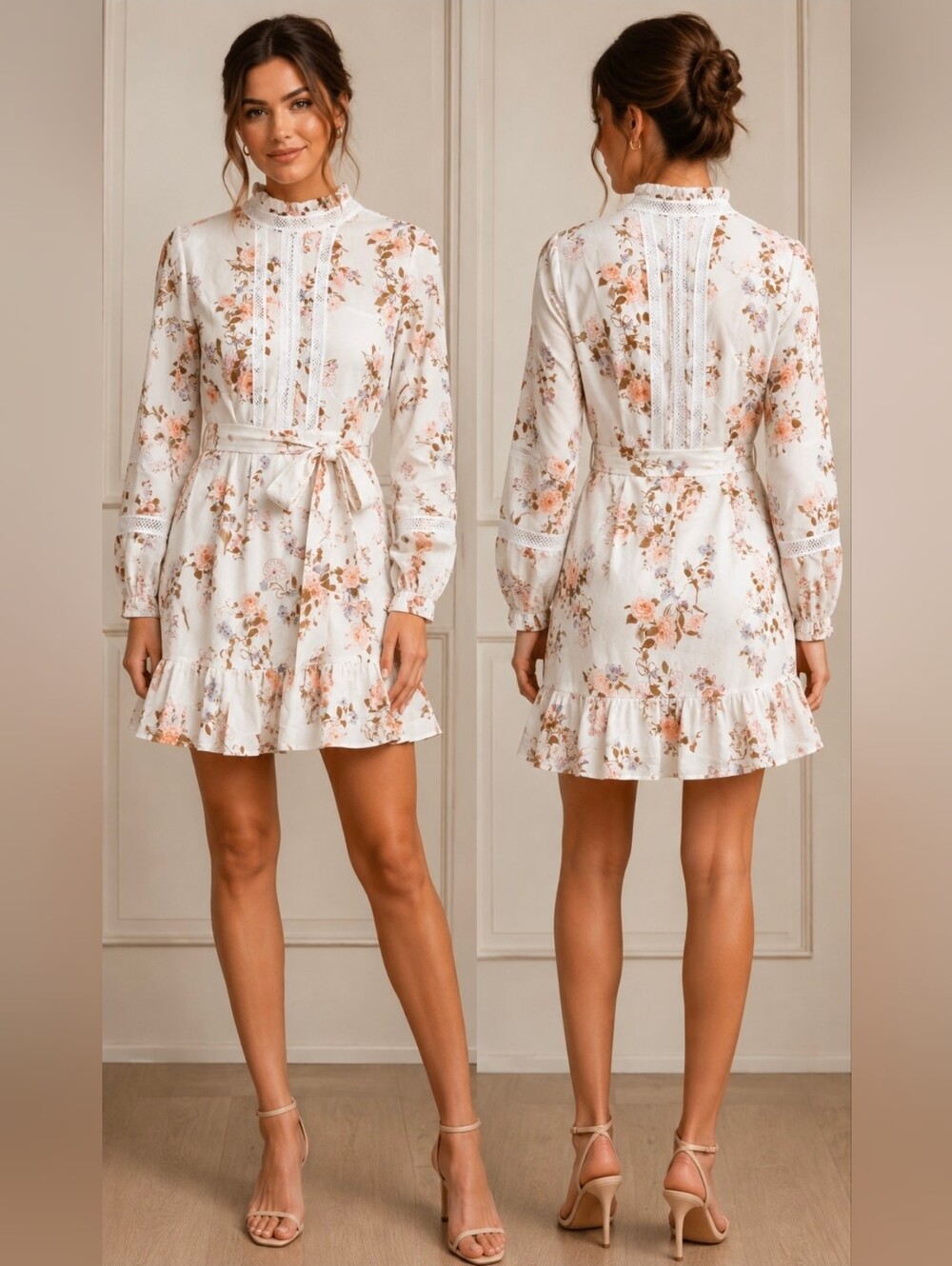 Floral Lace-Trim Long Sleeve Cream Dress with Tie Waist